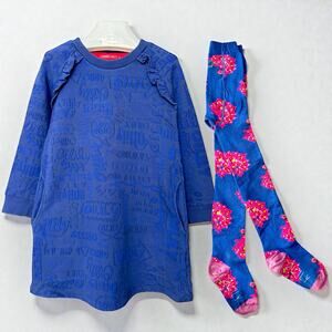 Oilily Ruffled Organic Sweat Dress and Jacquard Tights, Size 104 ( 4T), Blue